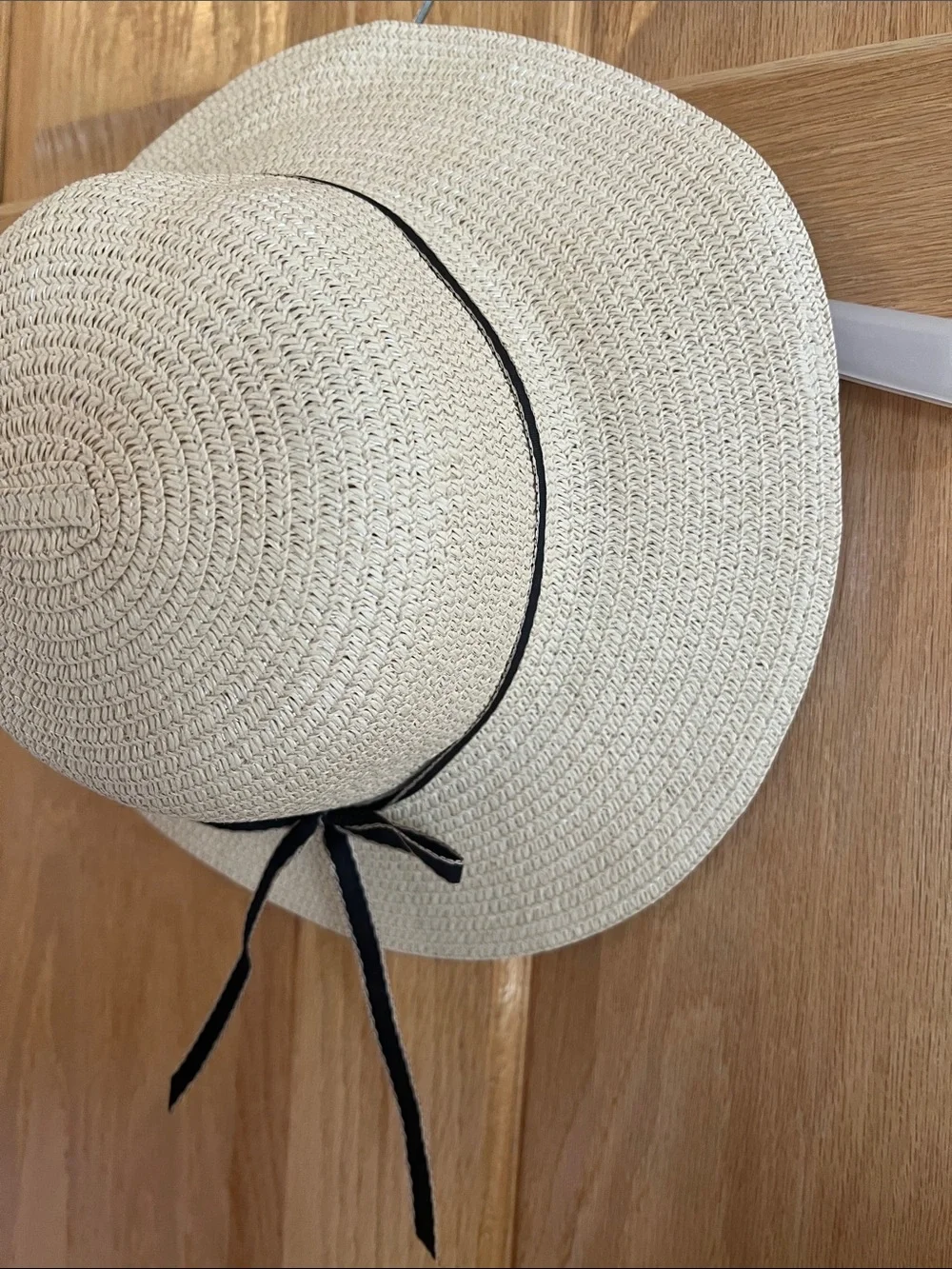 Girl’s Cream Straw Sun Hat with Black Bow Accent